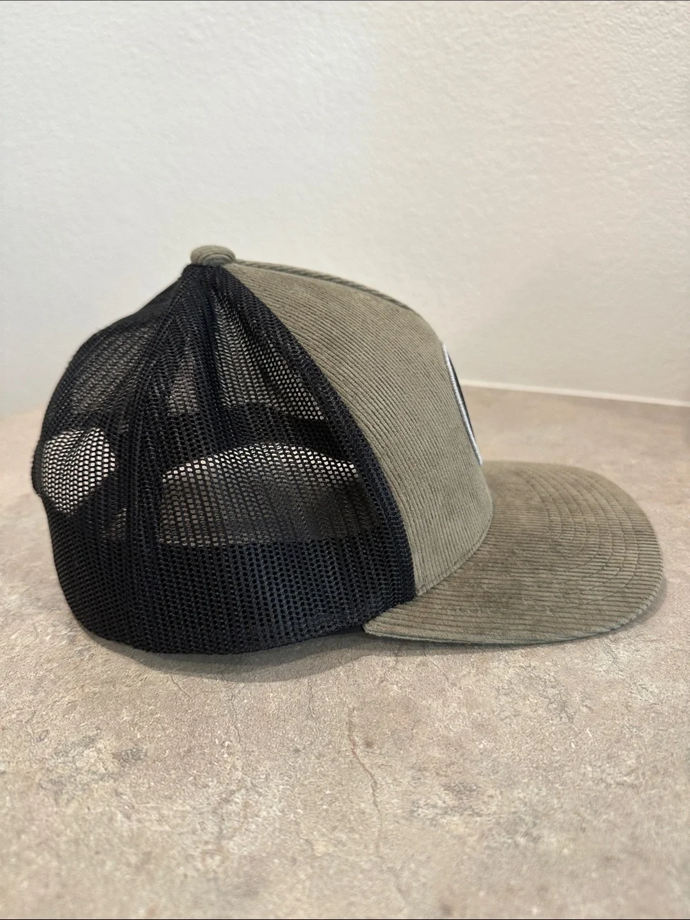 Vuori Olive Corduroy Patch Trucker Hat with Black Mesh